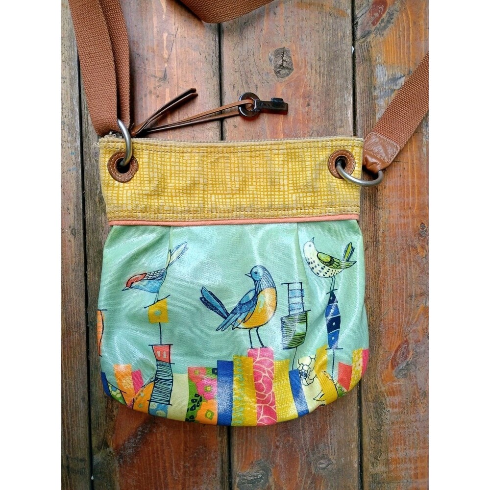 FOSSIL Key-Per Coated Canvas City Birds Artwork Bag Cross Body Boho Purse - Picture 2 of 9